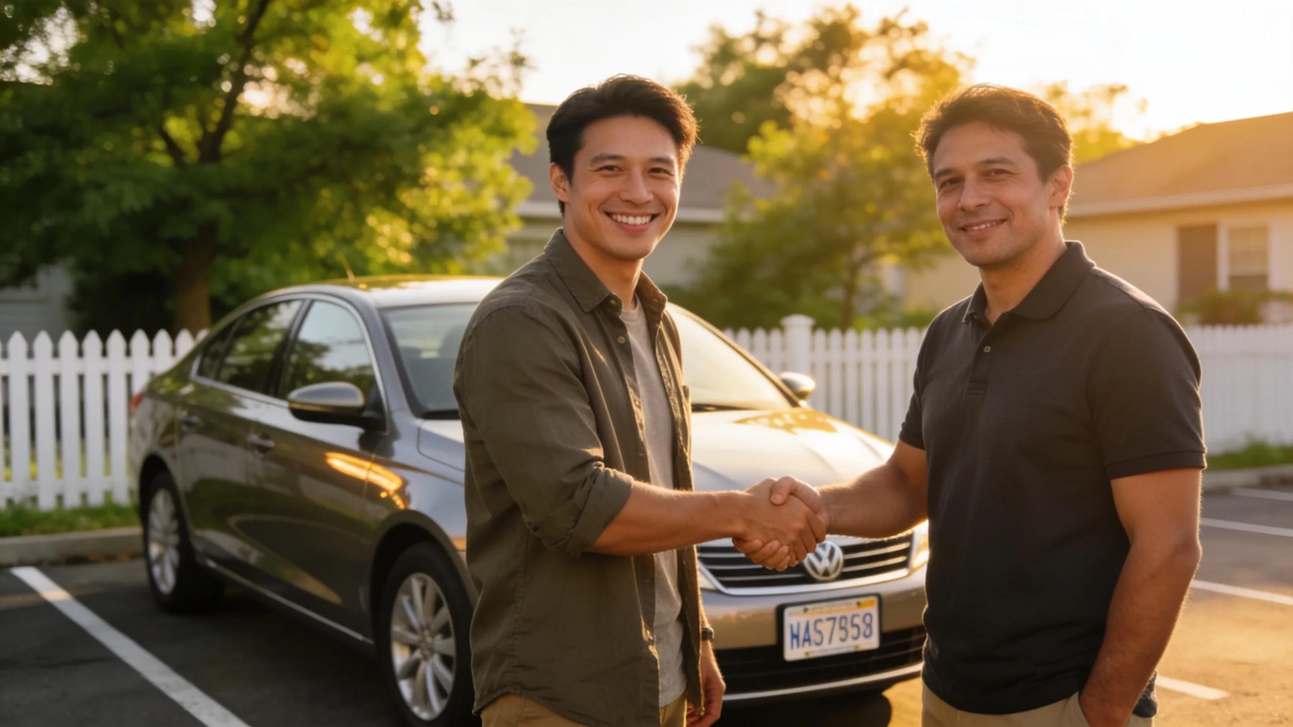 Buyer and seller concluding a car sale, emphasizing safe ownership verification